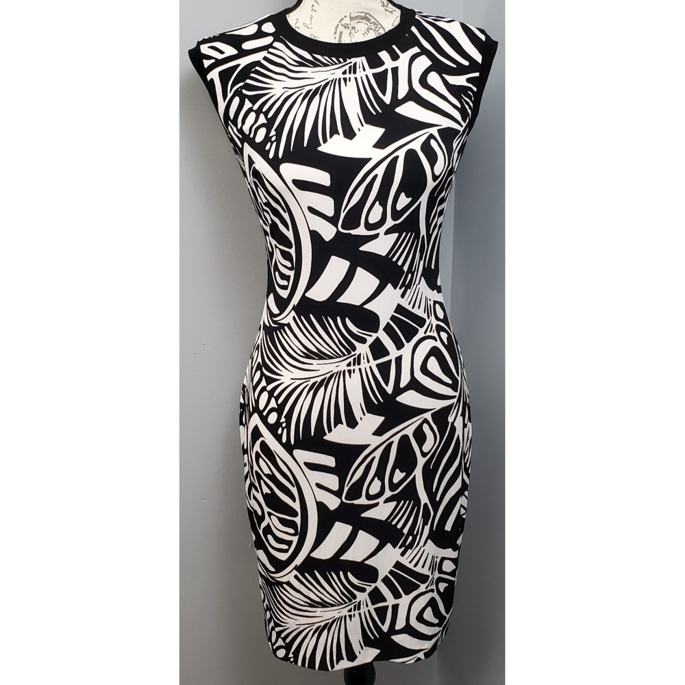 Cache Bodycon Dress Womens 2 Black White Tropical Leaf Print Stretch Sleeveless